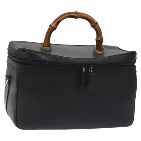 GUCCI Bamboo Hand Bag Leather Black Gold 013 122 2491 Auth SW974 - Picture 1 of 14